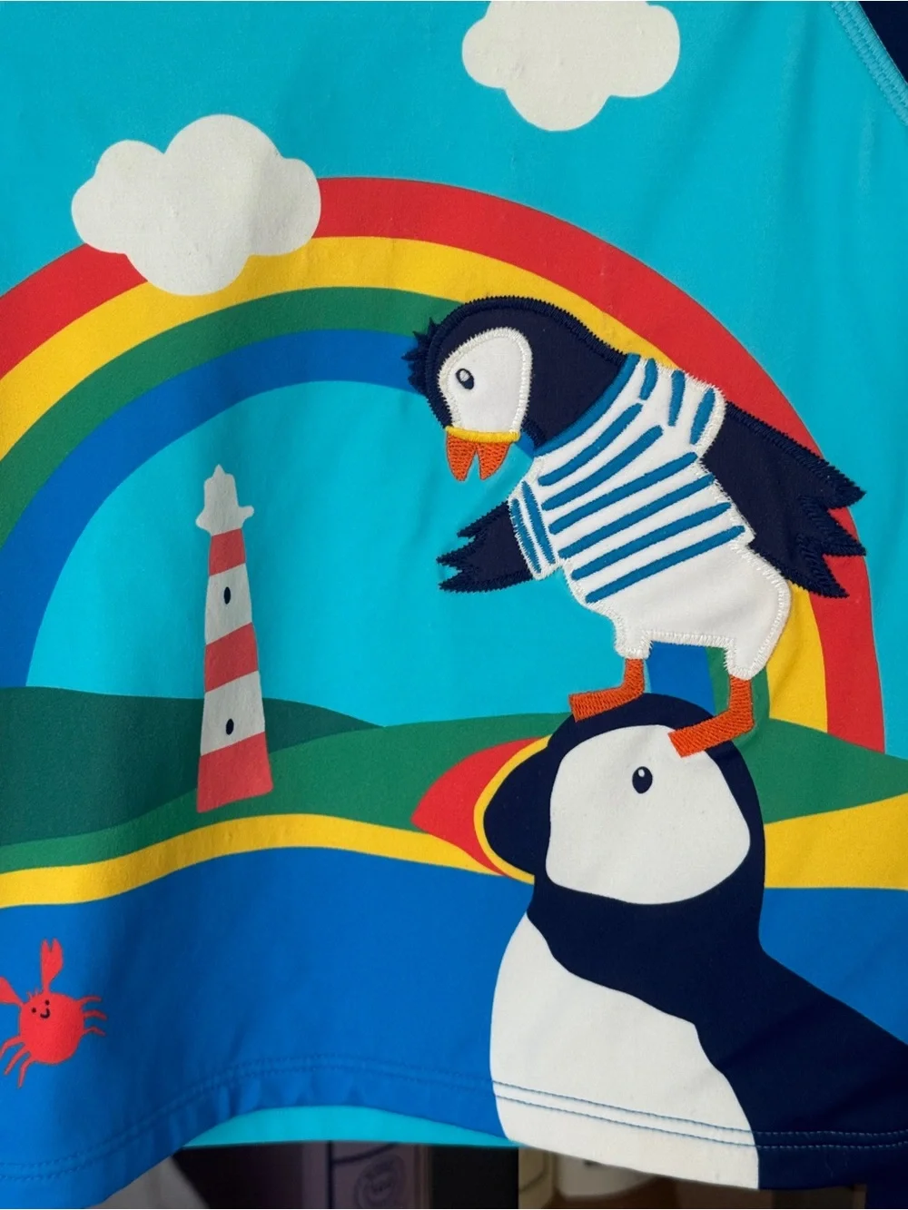 Mini Boden puffins applique rashguard swimsuit shirt top long sleeve toddler boy